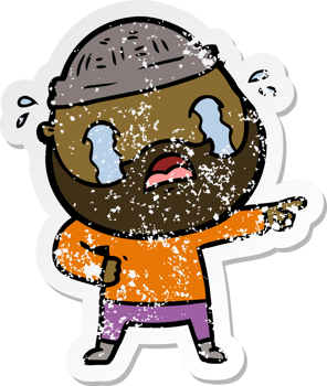 distressed sticker of a cartoon bearded man crying png