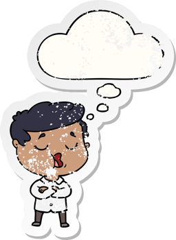 cartoon man talking with thought bubble as a distressed worn sticker png