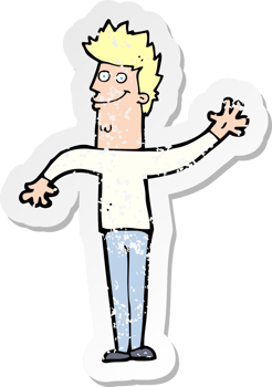 retro distressed sticker of a cartoon happy waving man drawing png