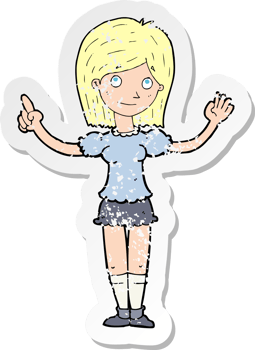 retro distressed sticker of a cartoon woman explaining idea drawing png