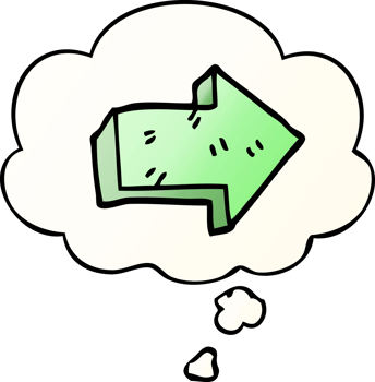 cartoon pointing arrow with thought bubble in smooth gradient style png