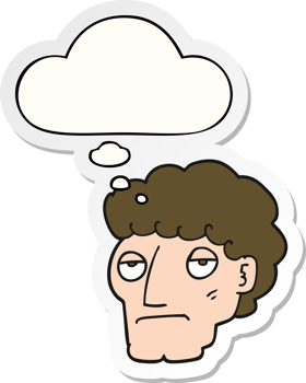 cartoon bored man with thought bubble as a printed sticker png