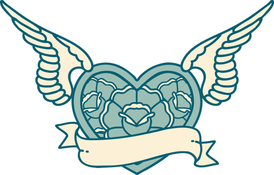 iconic tattoo style image of a flying heart with flowers and banner png