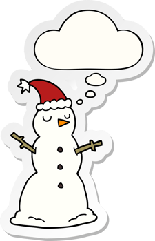 cartoon snowman with thought bubble as a printed sticker png