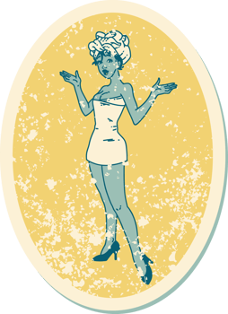 distressed sticker tattoo in traditional style of a pinup girl in towels png
