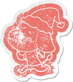 quirky cartoon distressed sticker of a elephant remembering wearing santa hat png