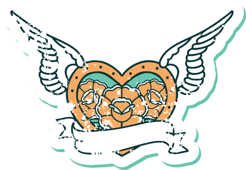 iconic distressed sticker tattoo style image of a flying heart with flowers and banner png