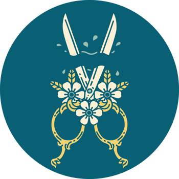 iconic tattoo style image of barber scissors and flowers png