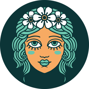iconic tattoo style image of female face with crown of flowers png