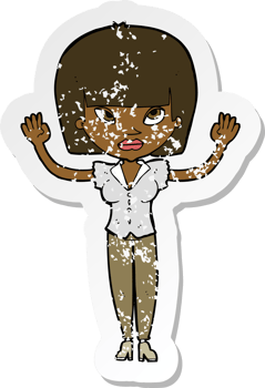 retro distressed sticker of a cartoon woman with raised hands png