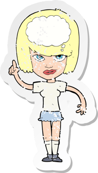retro distressed sticker of a cartoon woman with idea drawing png