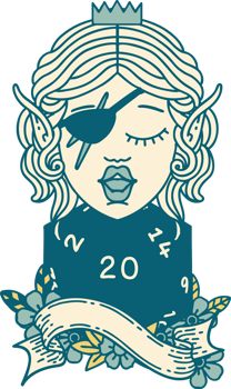 Retro Tattoo Style elf rogue with natural twenty dice roll png
