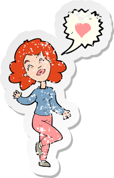 retro distressed sticker of a cartoon woman in love png