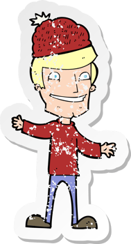 retro distressed sticker of a cartoon man wearing winter hat png