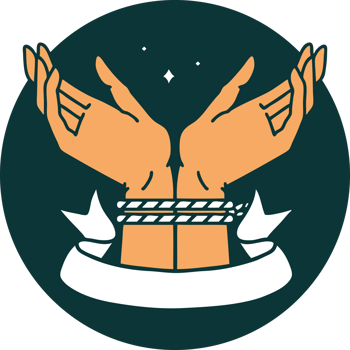 tattoo style icon with banner of a pair of tied hands png