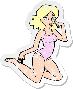 retro distressed sticker of a cartoon woman in lingerie drawing png