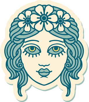 sticker of tattoo in traditional style of female face with crown of flowers png
