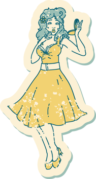 iconic distressed sticker tattoo style image of a pinup surprised girl png