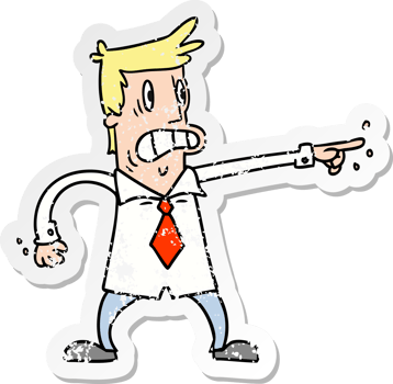 hand drawn distressed sticker cartoon doodle man pointing looking worried png