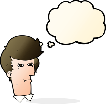 cartoon man narrowing eyes with thought bubble png