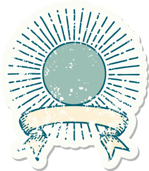 worn old sticker with banner of a sun png