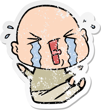 distressed sticker of a cartoon crying bald man png
