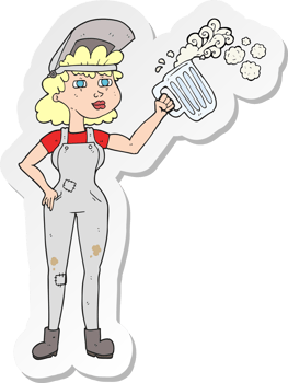 sticker of a cartoon hard working woman with beer png