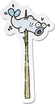 distressed sticker of a speared fish cartoon png