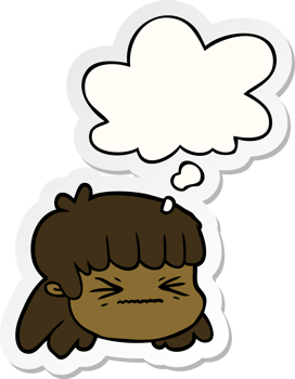 cartoon female face with thought bubble as a printed sticker png