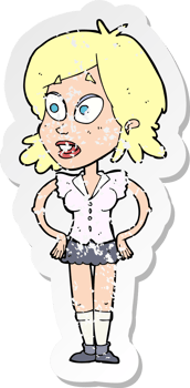 retro distressed sticker of a cartoon woman with hands on hips drawing png