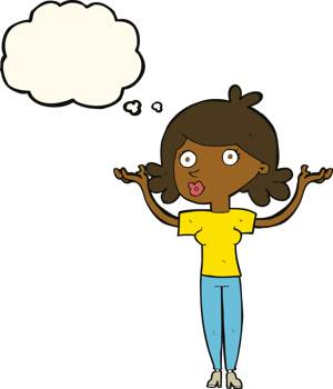 cartoon woman throwing arms in air with thought bubble png