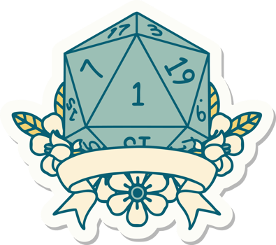 sticker of a natural one d20 dice roll png