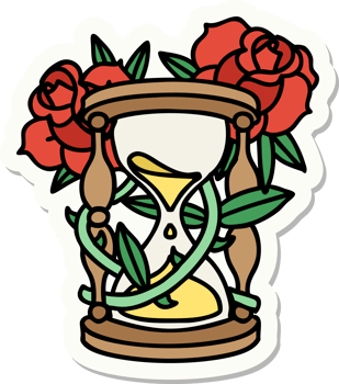 sticker of tattoo in traditional style of an hour glass and flowers png