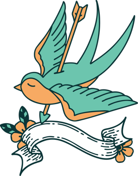traditional tattoo with banner of a swallow shot through with arrow png