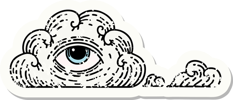 distressed sticker tattoo in traditional style of an all seeing eye cloud png
