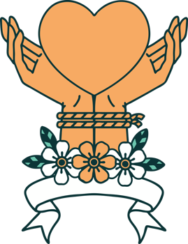 traditional tattoo with banner of tied hands and a heart png