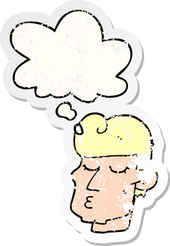 cartoon handsome man with thought bubble as a distressed worn sticker png