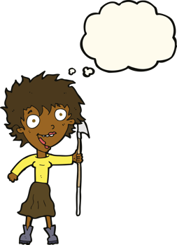 cartoon crazy woman with spear with thought bubble png