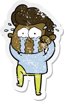 distressed sticker of a cartoon crying man png