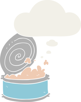 cartoon canned fish with thought bubble in retro style png