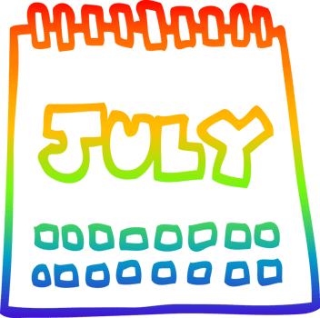 rainbow gradient line drawing of a cartoon calendar showing month of july png