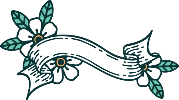 iconic tattoo style image of a banner and flowers png