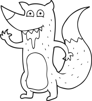 hand drawn black and white cartoon hungry wolf png
