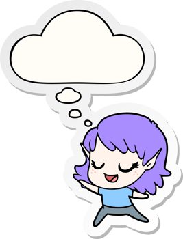 carton happy elf girl dancing with thought bubble as a printed sticker png