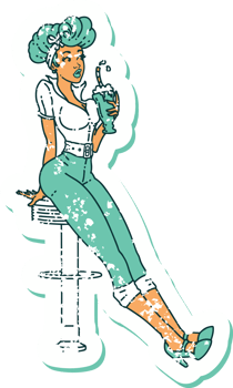 distressed sticker tattoo in traditional style of a pinup girl drinking a milkshake png