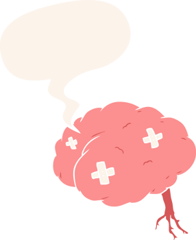 cartoon injured brain with speech bubble in retro style png