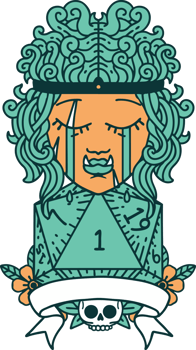 Retro Tattoo Style crying orc barbarian character with natural one D20 roll png