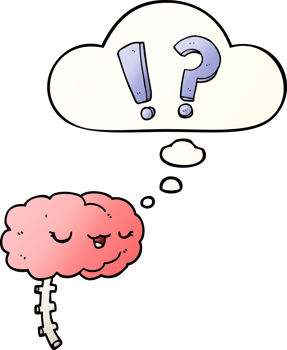 cartoon curious brain with thought bubble in smooth gradient style png