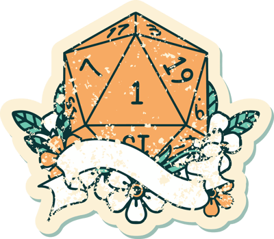 Retro Tattoo Style natural one d20 dice roll png