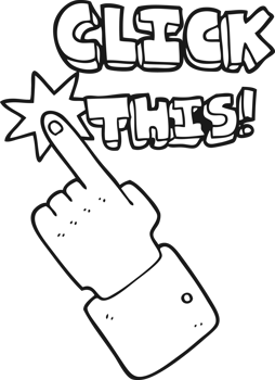 hand drawn black and white cartoon click this symbol with hand png